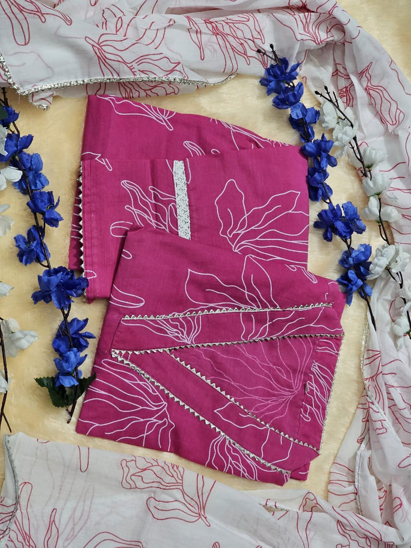 premium cotton pink kurti pant dupatta set