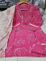 premium cotton pink kurti pant dupatta set
