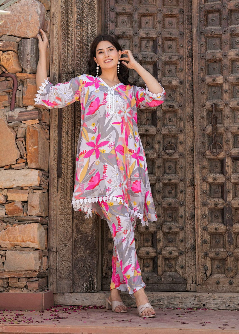 floral printed with gotta work kurti pant set