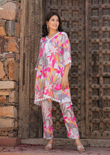 floral printed with gotta work kurti pant set