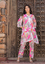 floral printed with gotta work kurti pant set