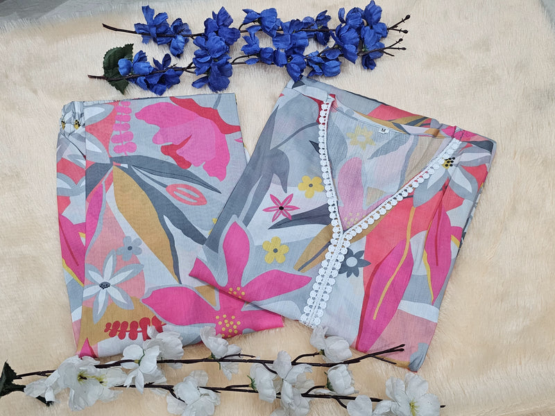 floral printed with gotta work kurti pant set