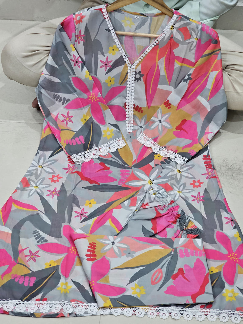 floral printed with gotta work kurti pant set