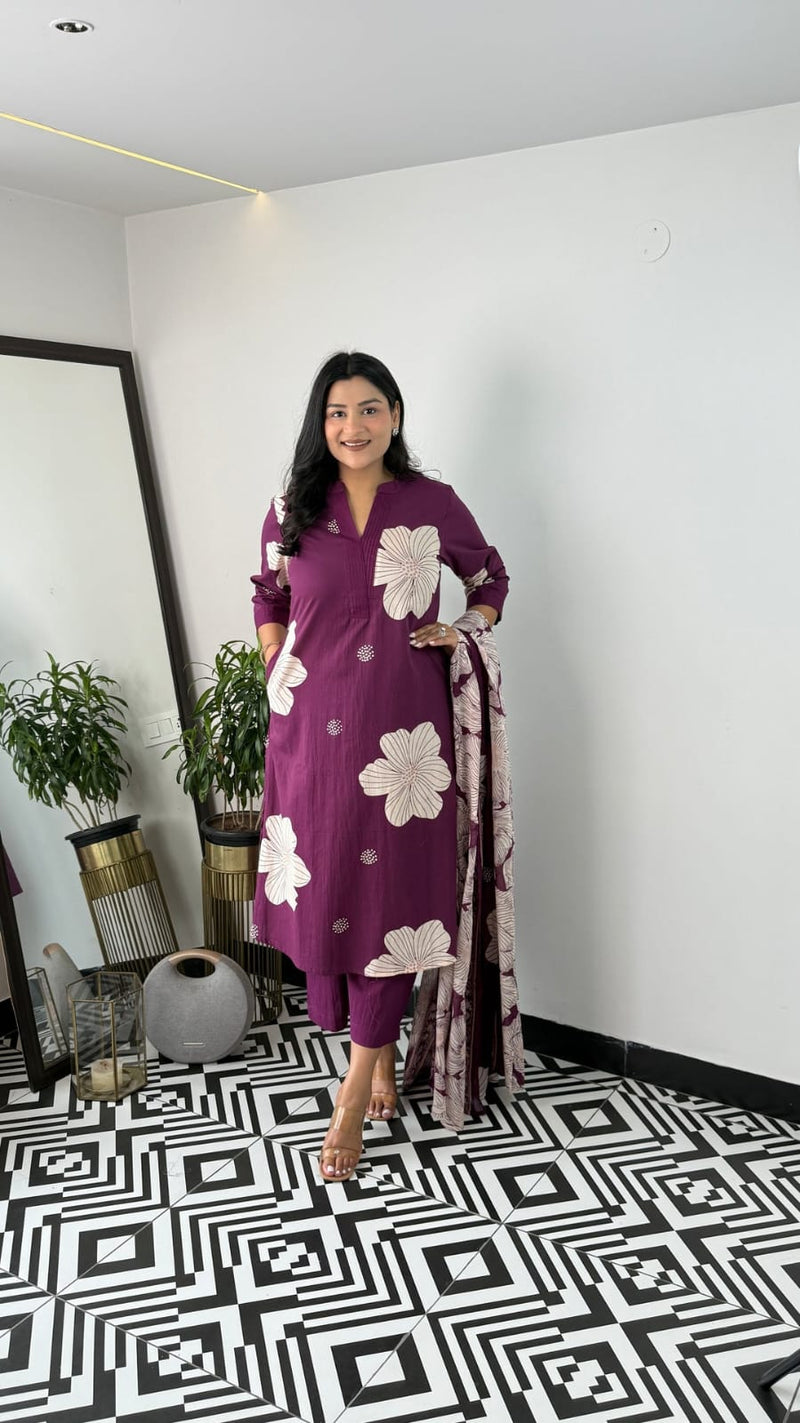 Pure Cotton Floral Kurti Pant Dupatta Set