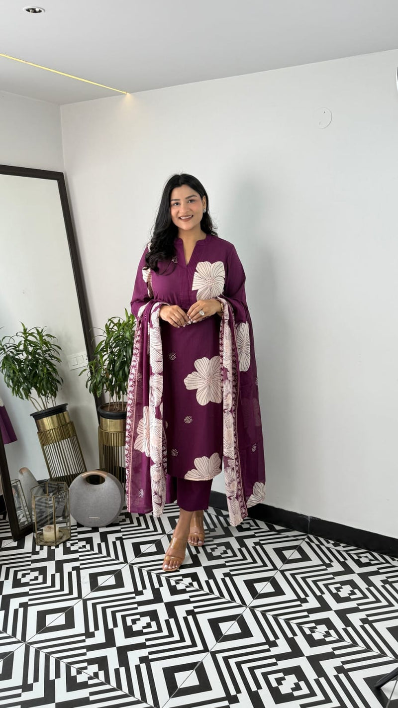 Pure Cotton Floral Kurti Pant Dupatta Set