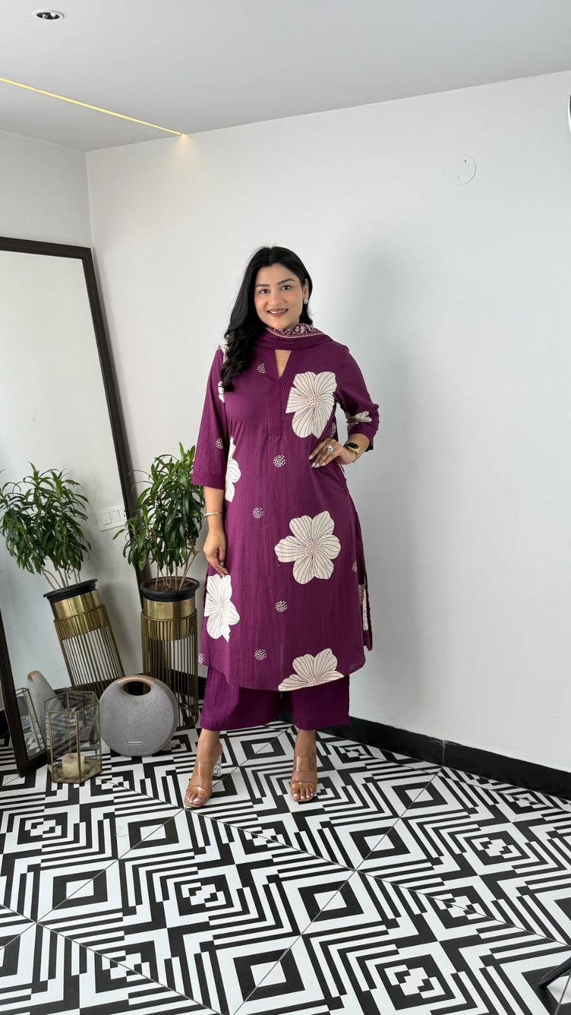 Pure Cotton Floral Kurti Pant Dupatta Set