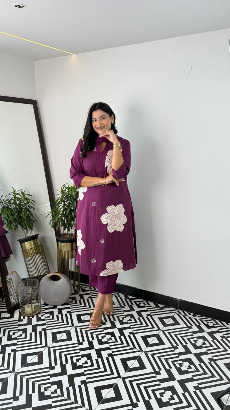 Pure Cotton Floral Kurti Pant Dupatta Set