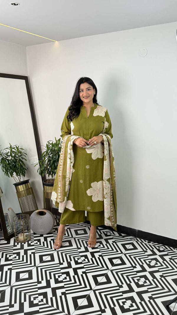Pure Cotton Floral Kurti Pant Dupatta Set