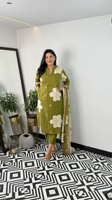 Pure Cotton Floral Kurti Pant Dupatta Set
