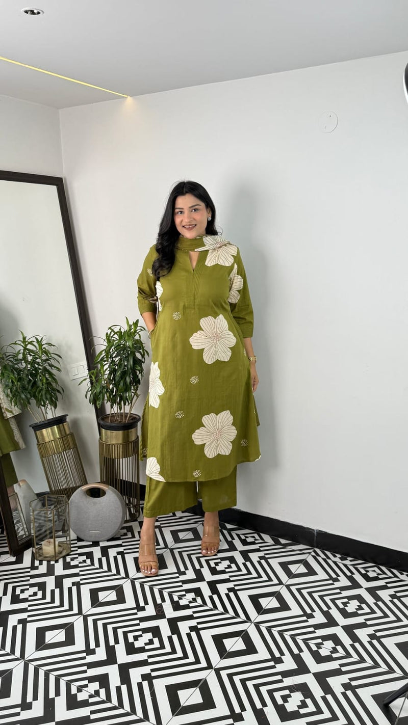 Pure Cotton Floral Kurti Pant Dupatta Set