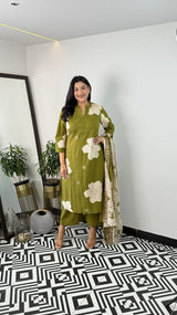Pure Cotton Floral Kurti Pant Dupatta Set