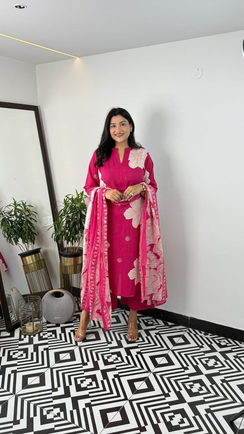 Pure Cotton Floral Kurti Pant Dupatta Set