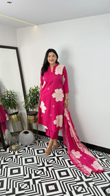 Pure Cotton Floral Kurti Pant Dupatta Set