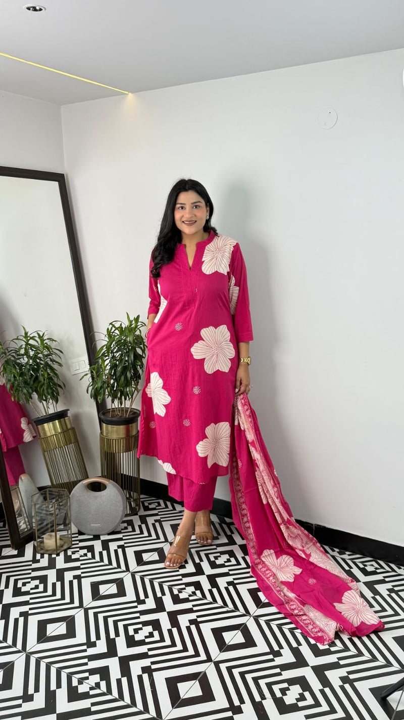 Pure Cotton Floral Kurti Pant Dupatta Set