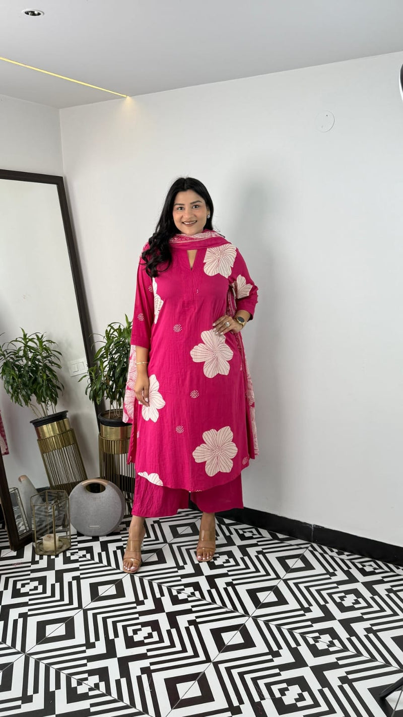 Pure Cotton Floral Kurti Pant Dupatta Set