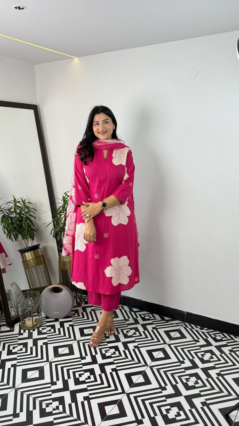 Pure Cotton Floral Kurti Pant Dupatta Set