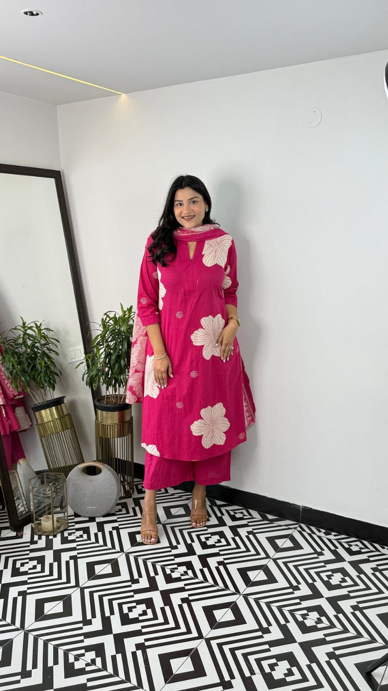 Pure Cotton Floral Kurti Pant Dupatta Set