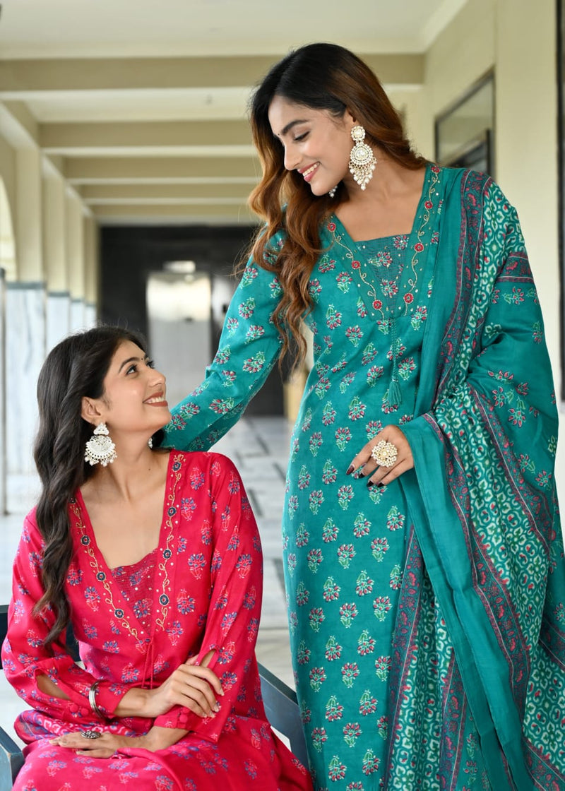 Premium Soft Roman Cotton Kurti Pant Dupatta Set