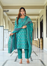 Premium Soft Roman Cotton Kurti Pant Dupatta Set