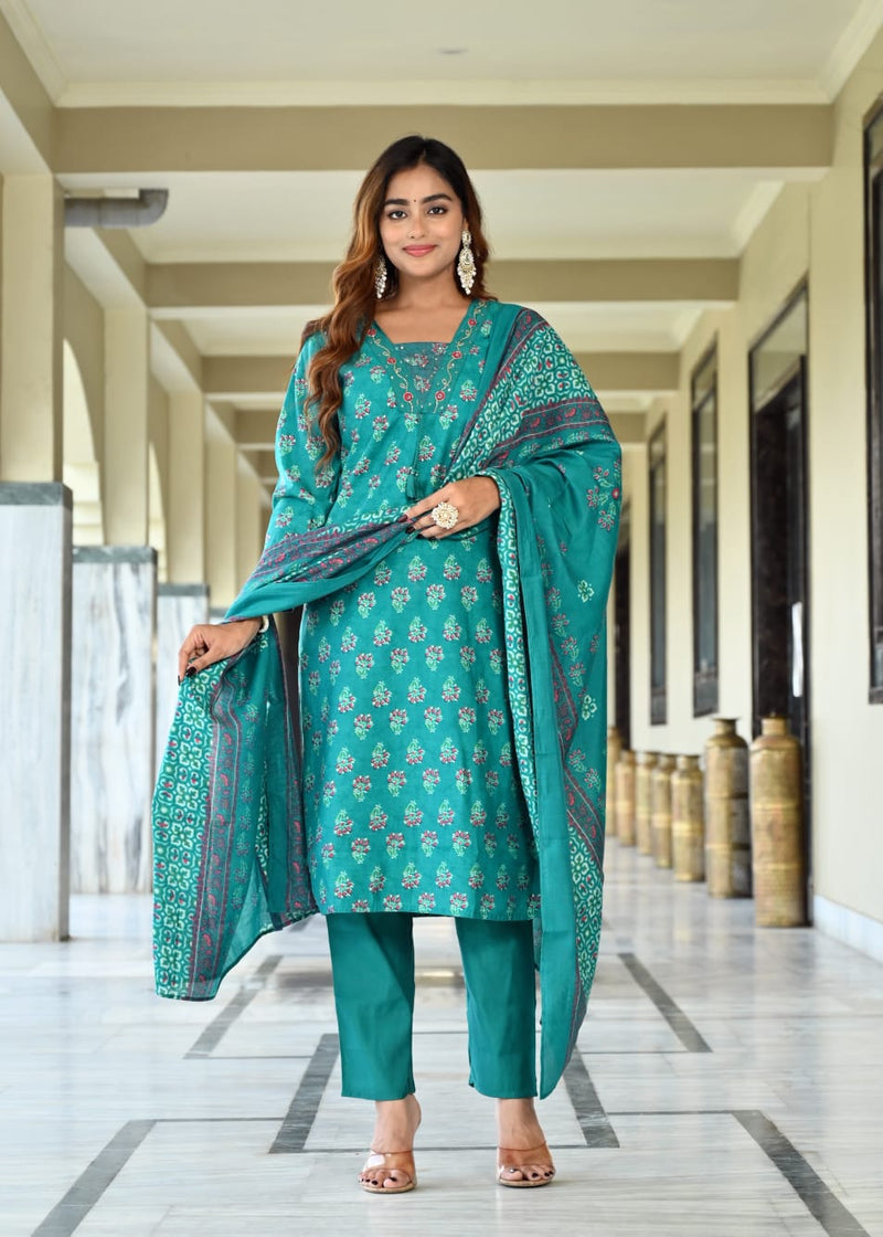Premium Soft Roman Cotton Kurti Pant Dupatta Set
