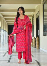 Premium Soft Roman Cotton Kurti Pant Dupatta Set
