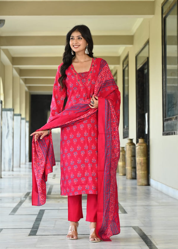 Premium Soft Roman Cotton Kurti Pant Dupatta Set