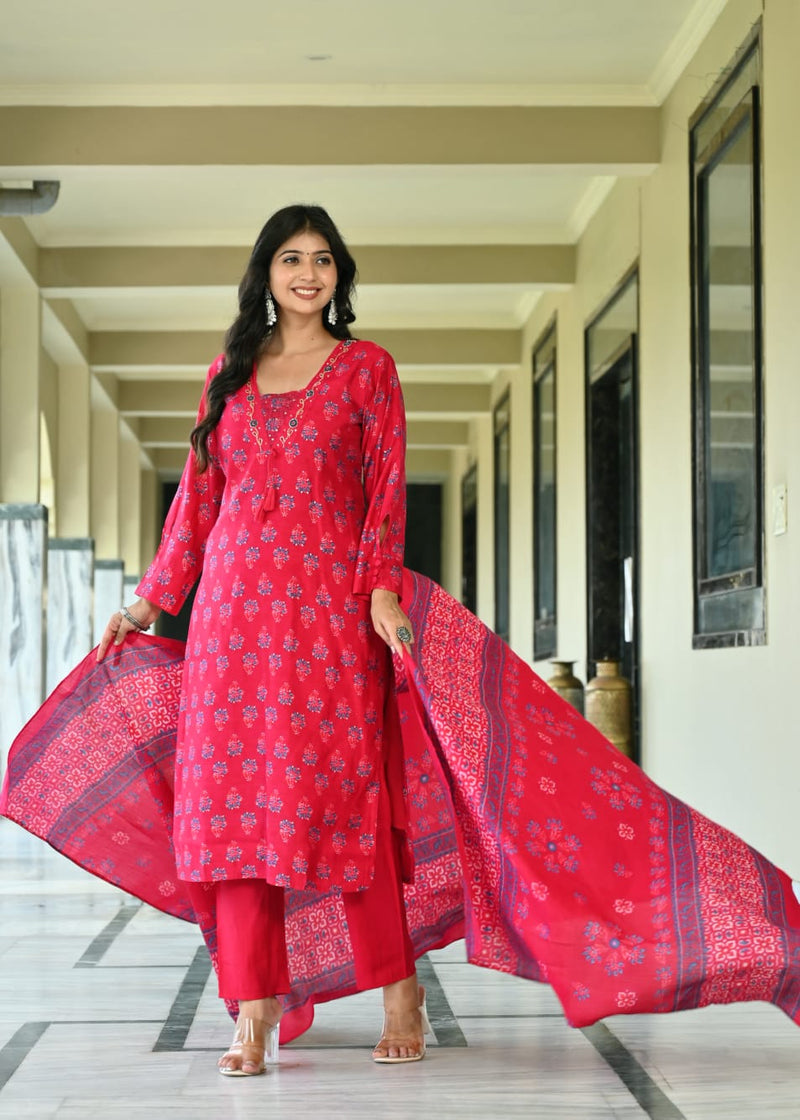 Premium Soft Roman Cotton Kurti Pant Dupatta Set