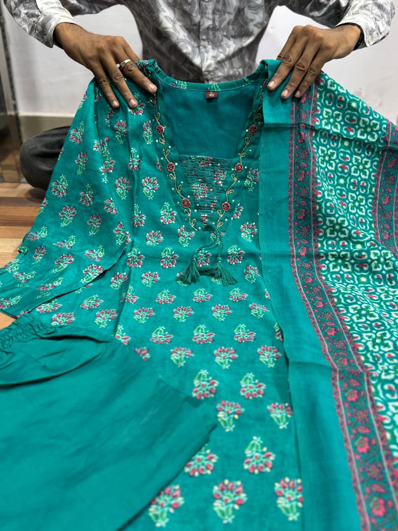 Premium Soft Roman Cotton Kurti Pant Dupatta Set