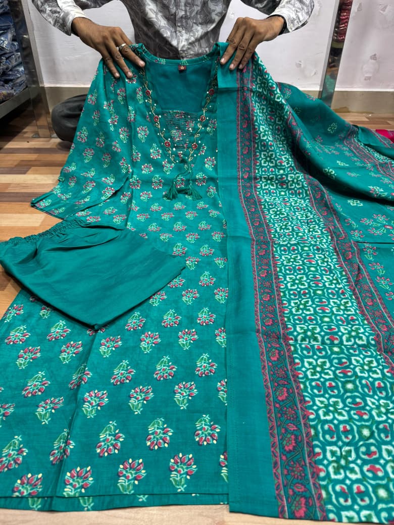 Premium Soft Roman Cotton Kurti Pant Dupatta Set