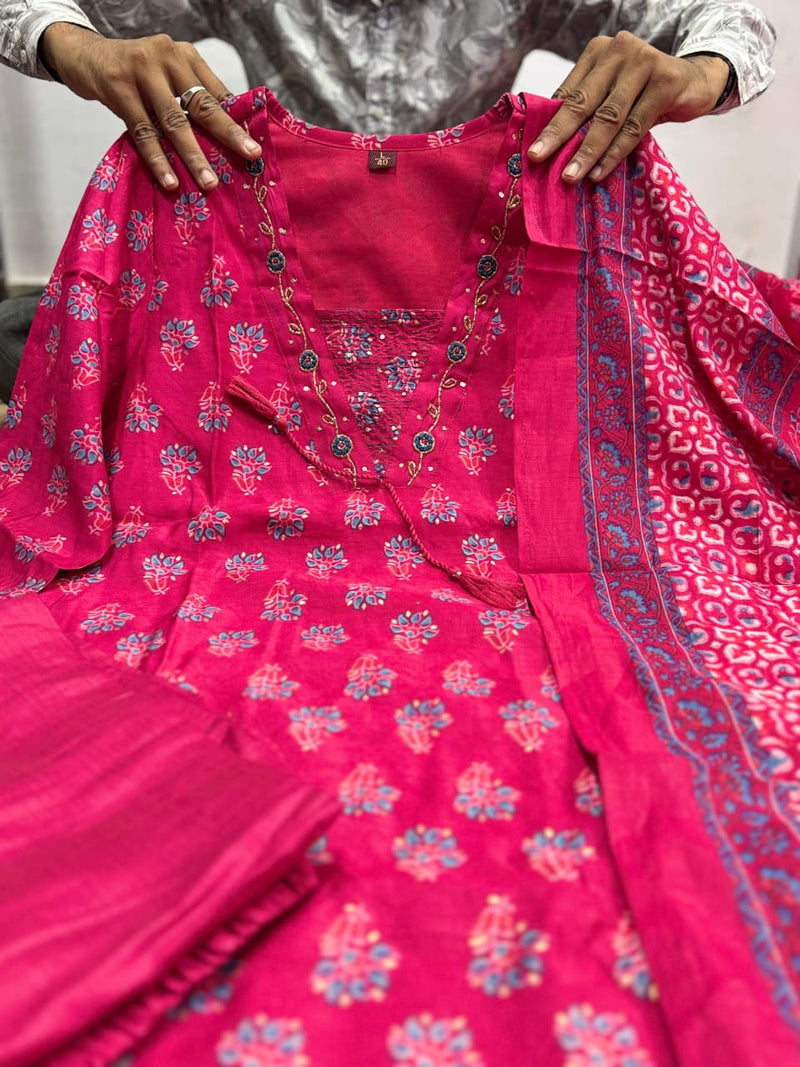 Premium Soft Roman Cotton Kurti Pant Dupatta Set