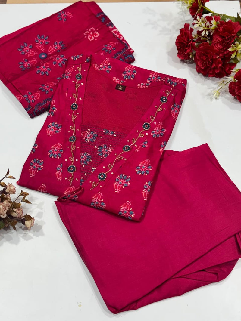 Premium Soft Roman Cotton Kurti Pant Dupatta Set