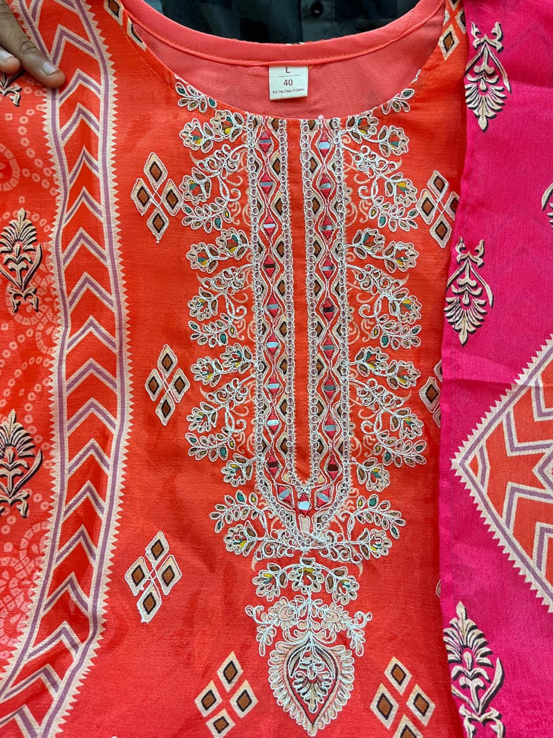 Pure Chinon with full neckline embroidery & delicate handwork kurta pant dupatta set