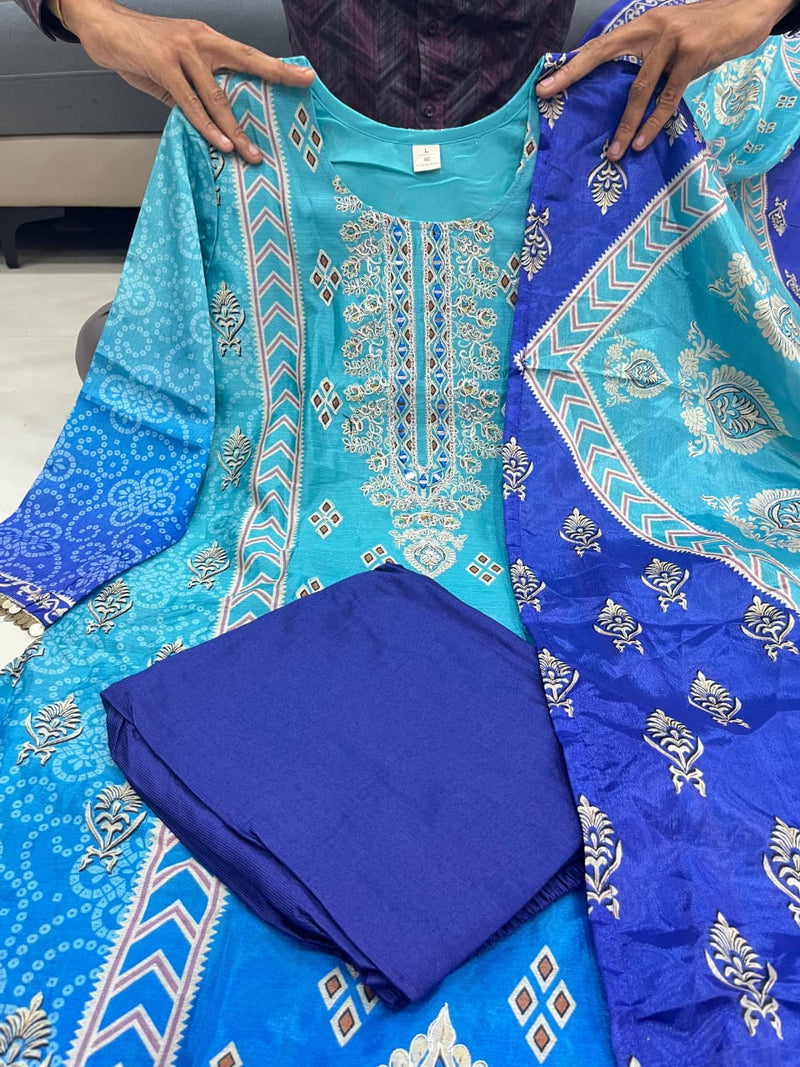 Pure Chinon with full neckline embroidery & delicate handwork kurta pant dupatta set