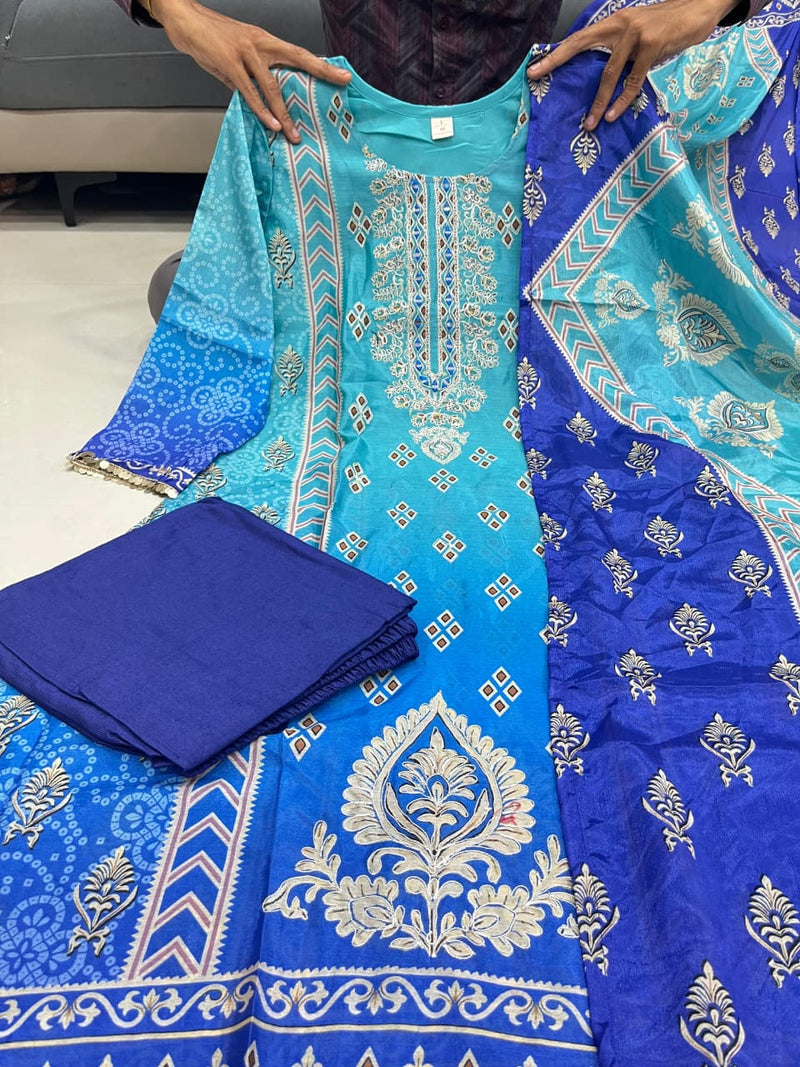Pure Chinon with full neckline embroidery & delicate handwork kurta pant dupatta set