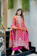 Pure Chinon with full neckline embroidery & delicate handwork kurta pant dupatta set