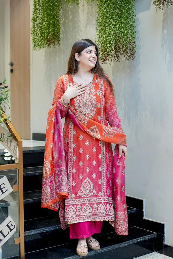 Pure Chinon with full neckline embroidery & delicate handwork kurta pant dupatta set