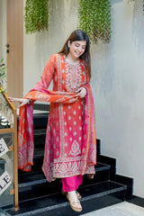 Pure Chinon with full neckline embroidery & delicate handwork kurta pant dupatta set