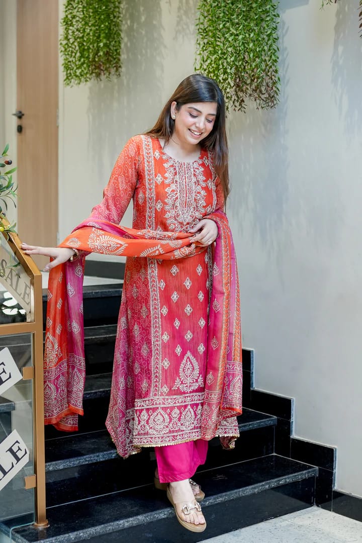 Pure Chinon with full neckline embroidery & delicate handwork kurta pant dupatta set