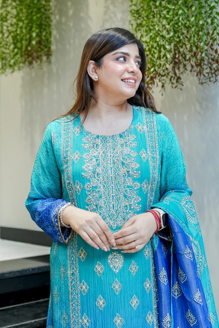 Pure Chinon with full neckline embroidery & delicate handwork kurta pant dupatta set