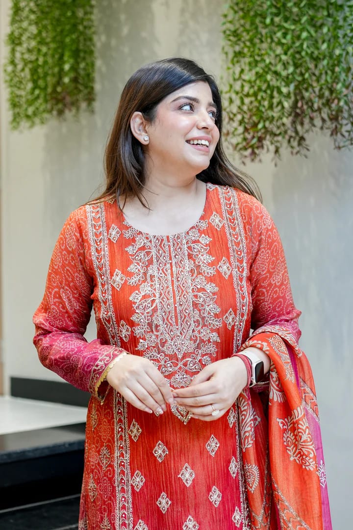 Pure Chinon with full neckline embroidery & delicate handwork kurta pant dupatta set