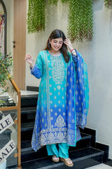 Pure Chinon with full neckline embroidery & delicate handwork kurta pant dupatta set