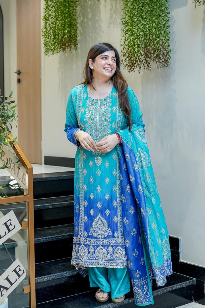 Pure Chinon with full neckline embroidery & delicate handwork kurta pant dupatta set