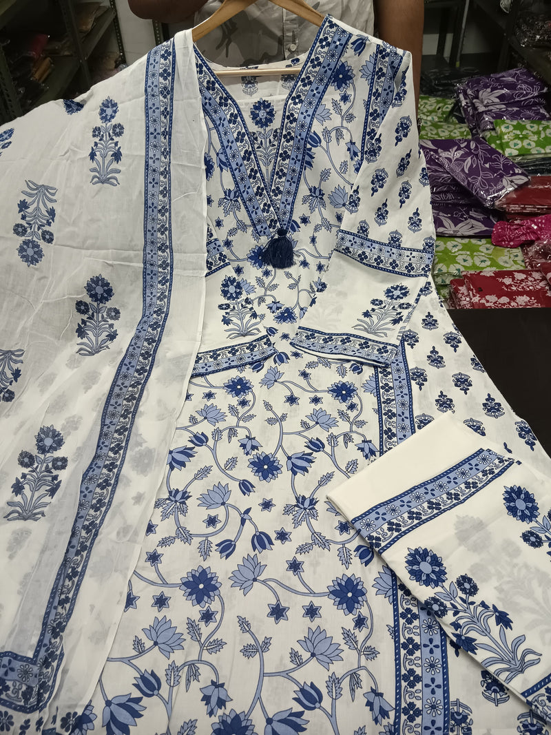 Floral Motif Printed Cotton Kurti Pant Dupatta Set