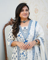 Floral Motif Printed Cotton Kurti Pant Dupatta Set