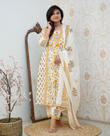Floral Motif Printed Cotton Kurti Pant Dupatta Set