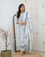 Floral Motif Printed Cotton Kurti Pant Dupatta Set