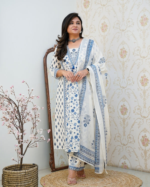 Floral Motif Printed Cotton Kurti Pant Dupatta Set