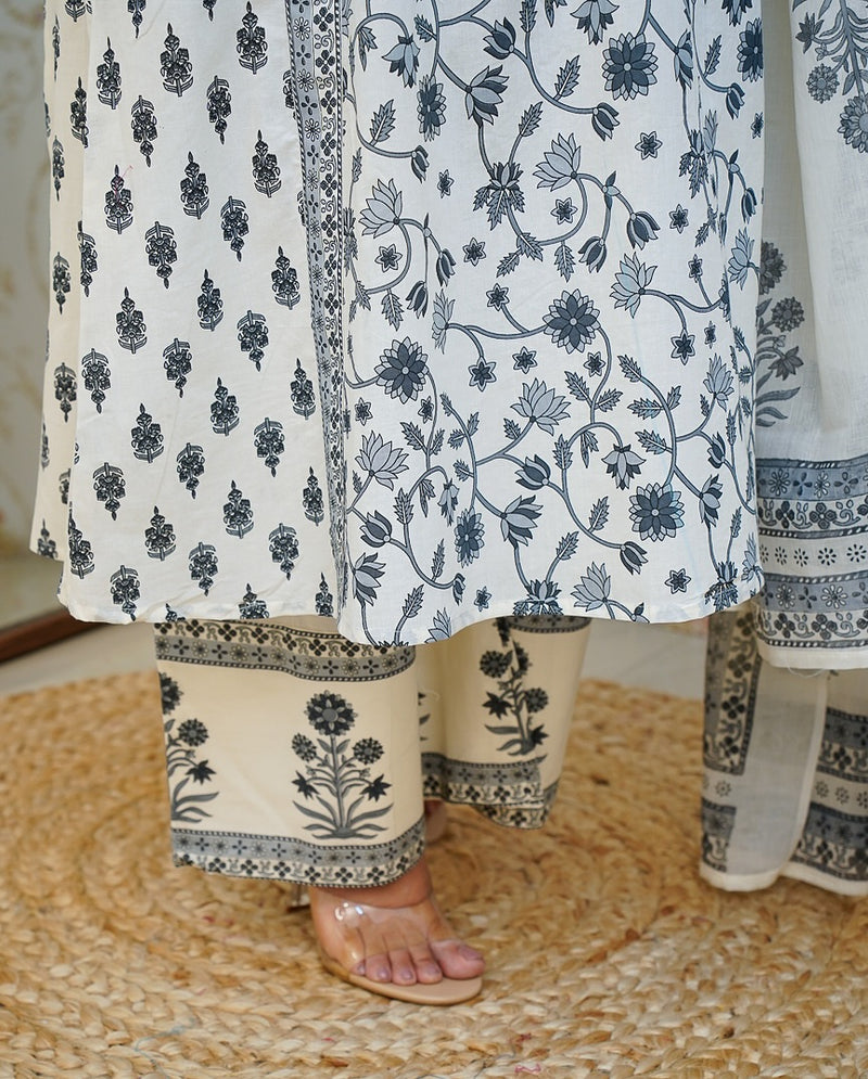 Floral Motif Printed Cotton Kurti Pant Dupatta Set