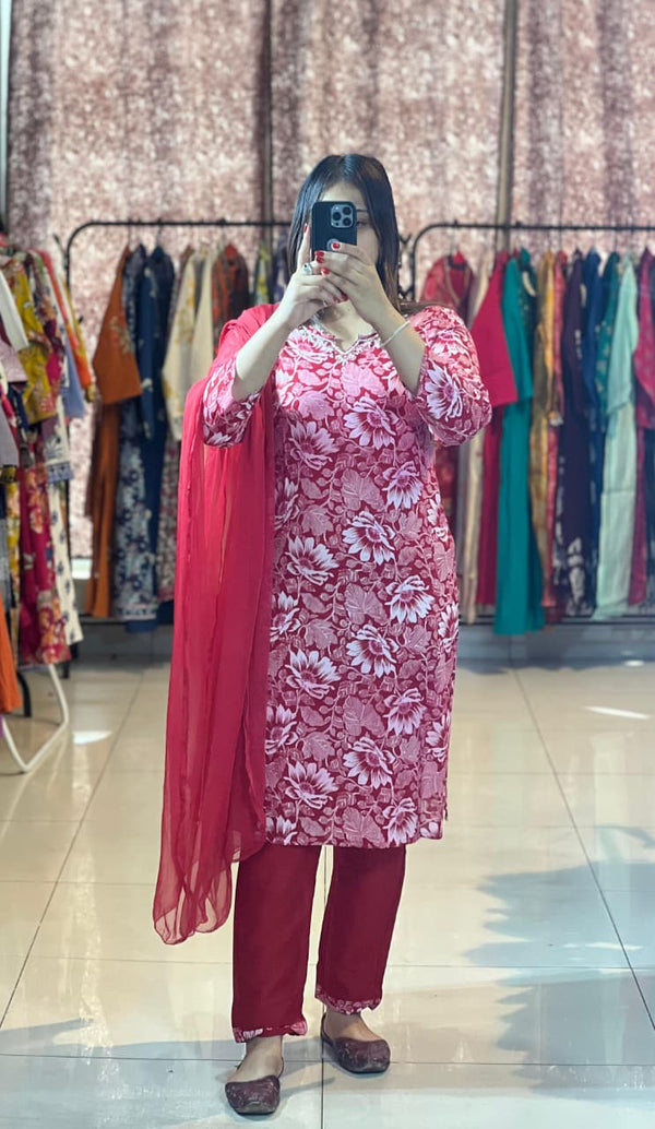 Trendy Cotton Rayon Kurti Pant Dupatta Set