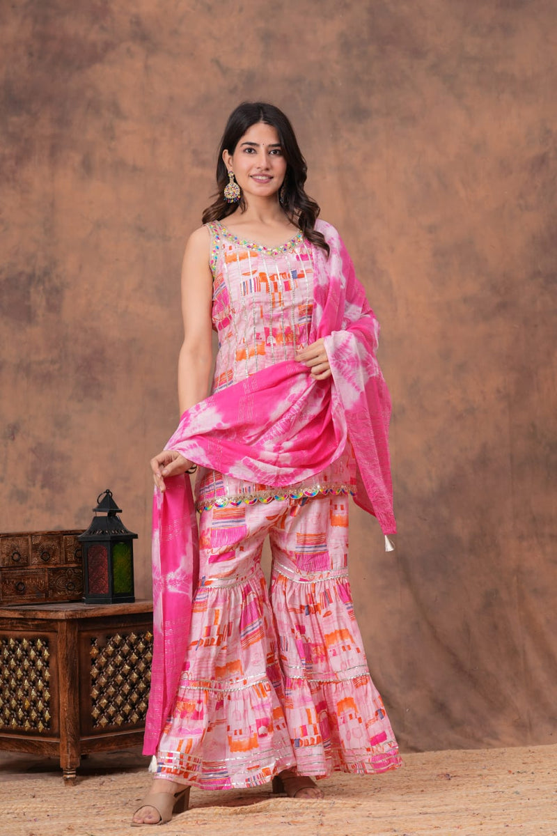 Designer Sharara Set with Short Kurti &amp; Dupatta